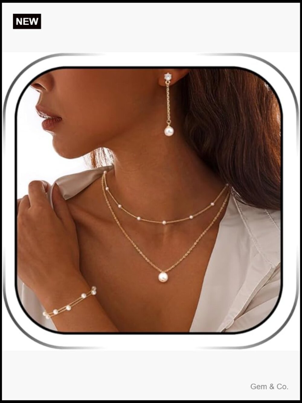 Layered Pearl Choker Necklace and Drop Earrings Set with Bracelet, 14K Gold